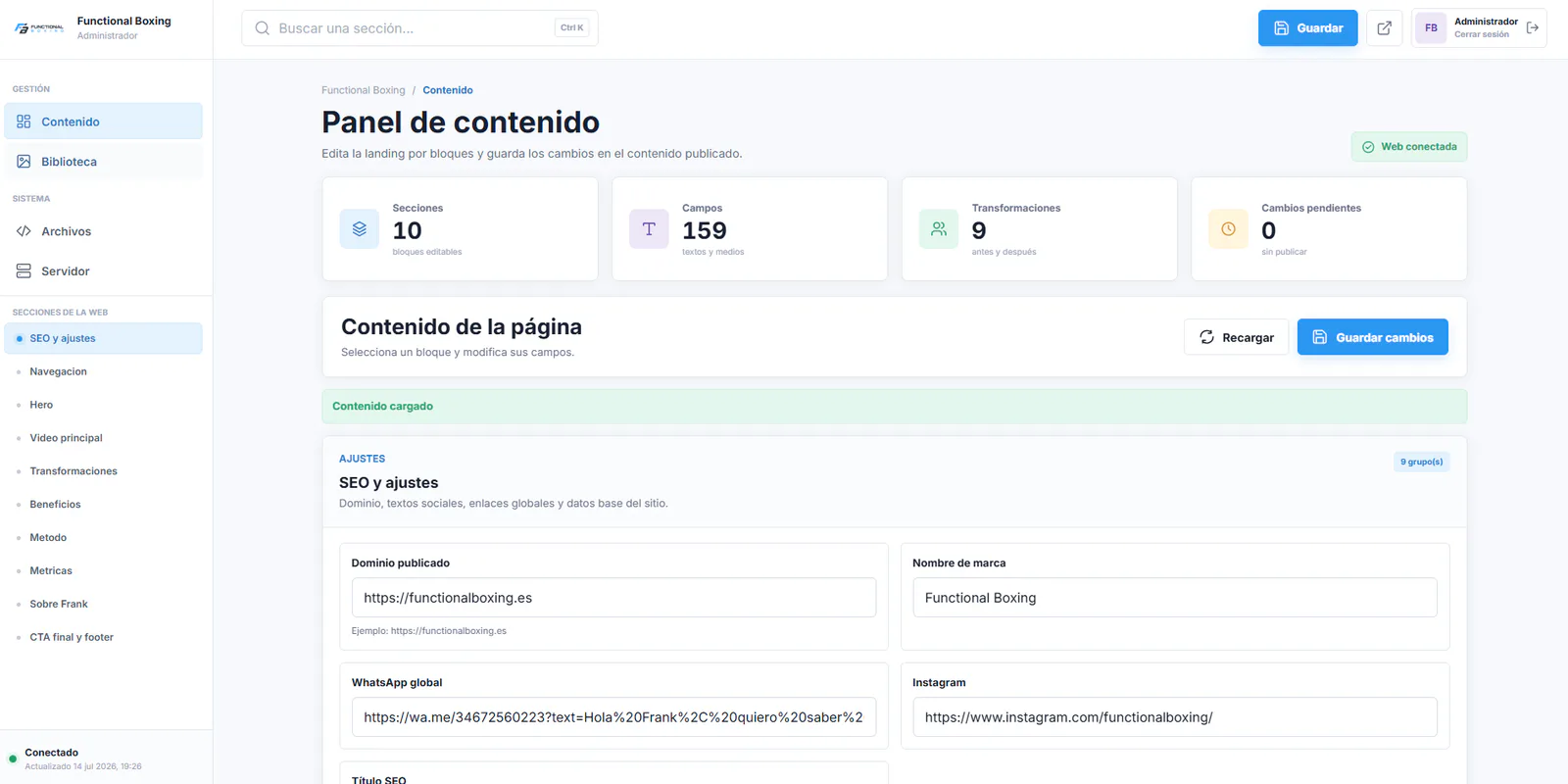 Panel de contenido personalizado creado por Autberry para Functional Boxing