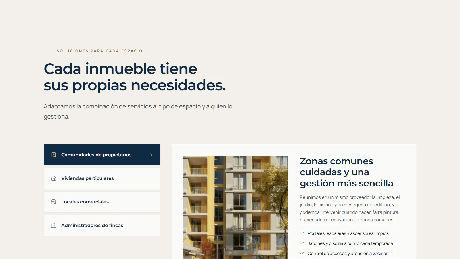 Sección de soluciones por tipo de inmueble de la web de Tiservo